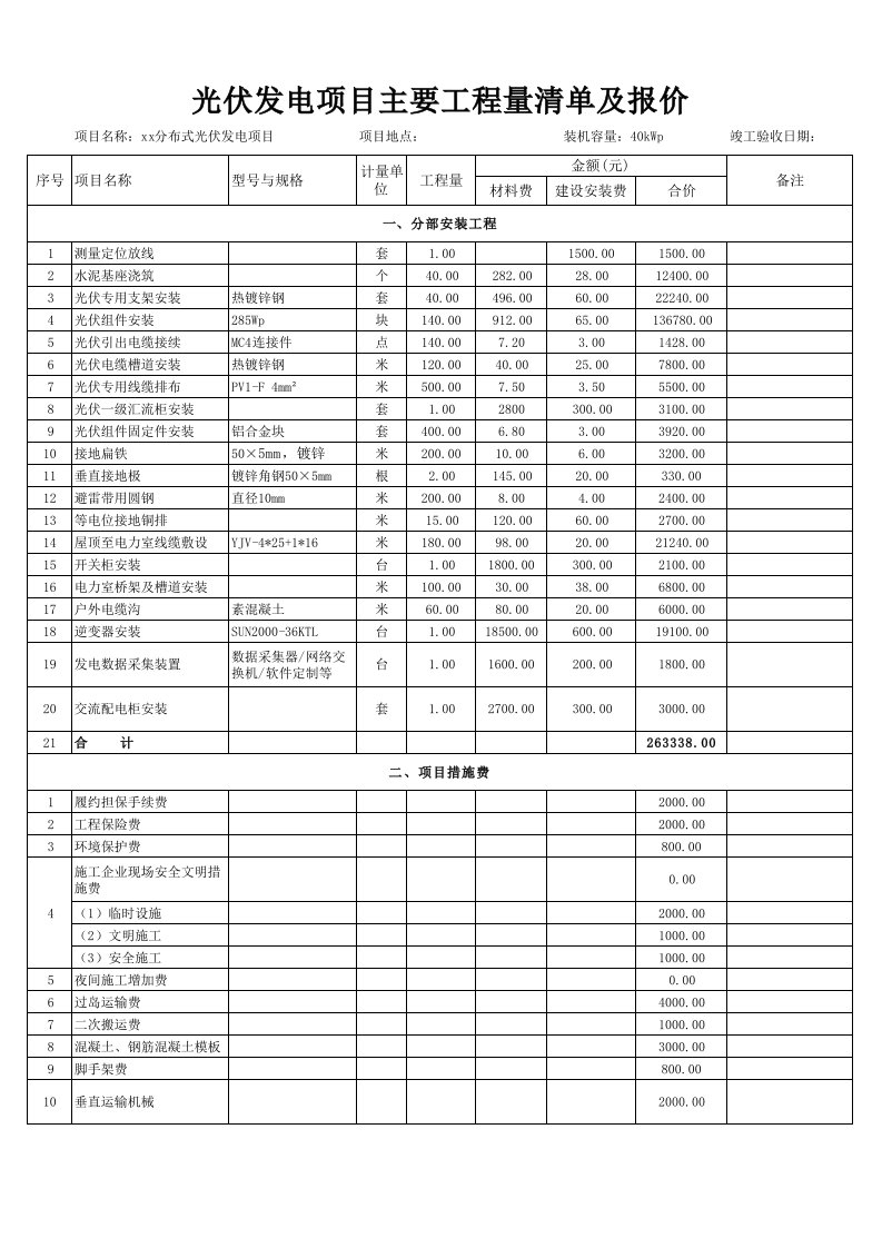 光伏发电工程造价表