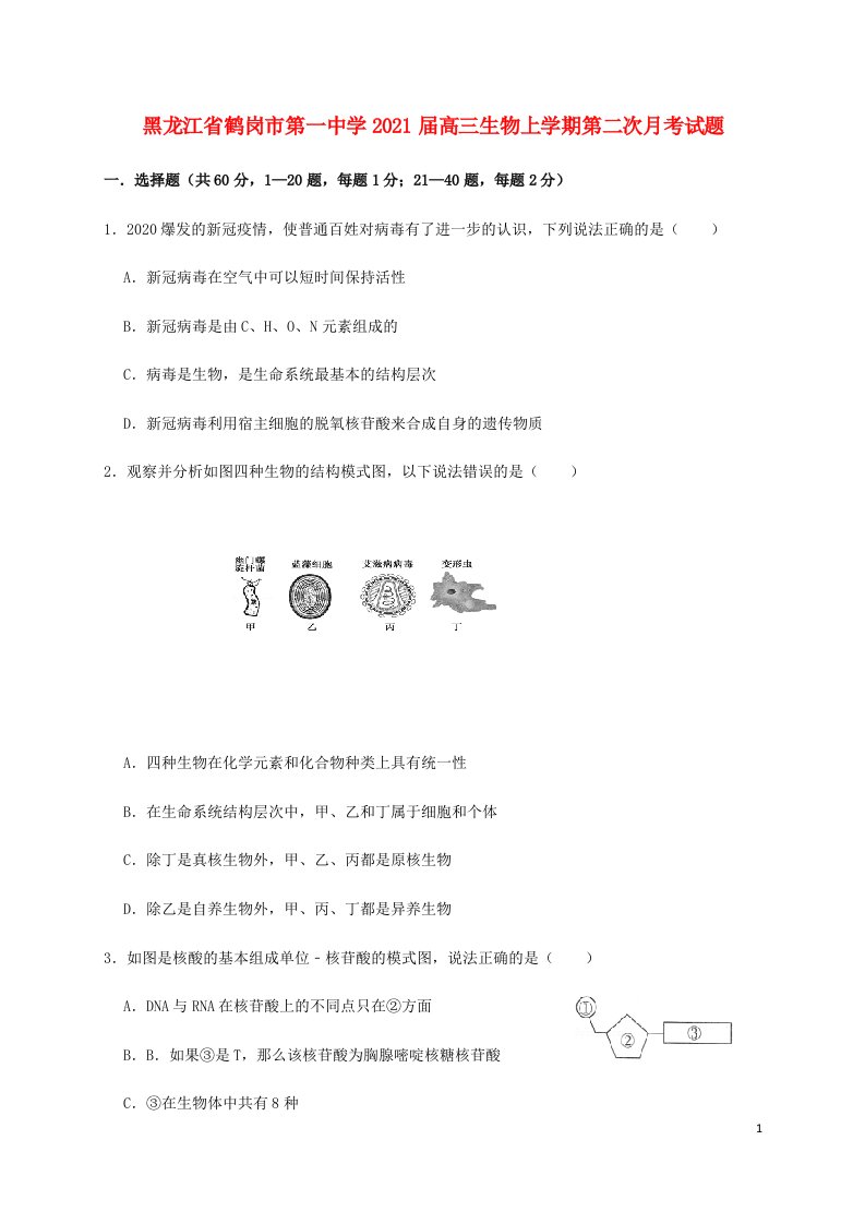 黑龙江省鹤岗市第一中学2021届高三生物上学期第二次月考试题