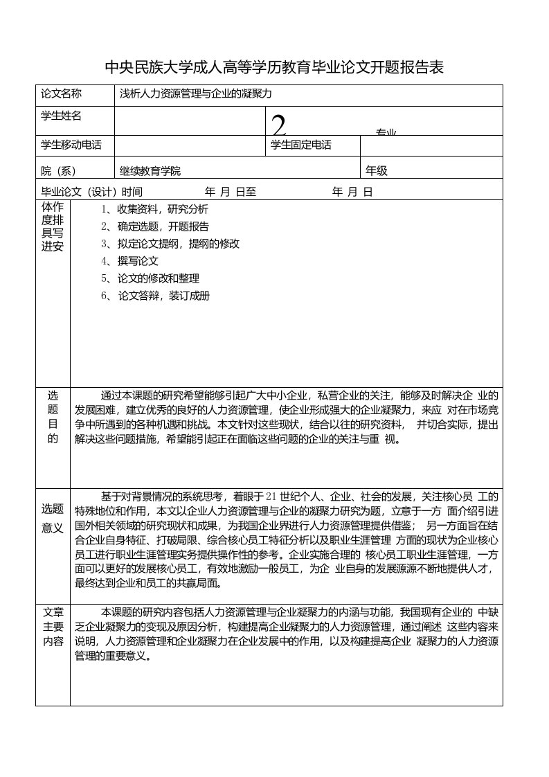 浅析人力资源管理与企业的凝聚力开题报告表