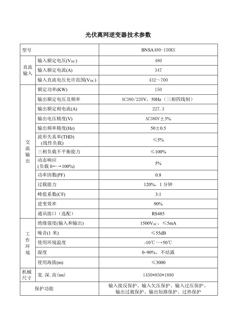 480-150KS离网逆变器技术参数