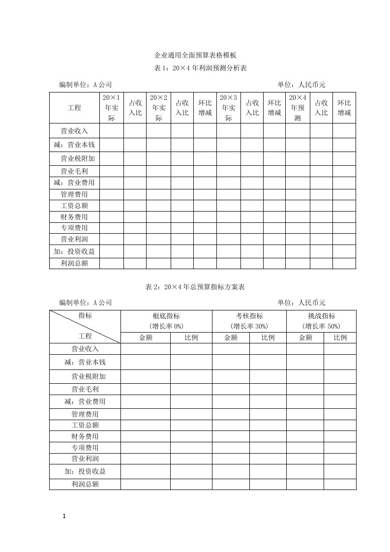 最新企业通用全面预算表格模板