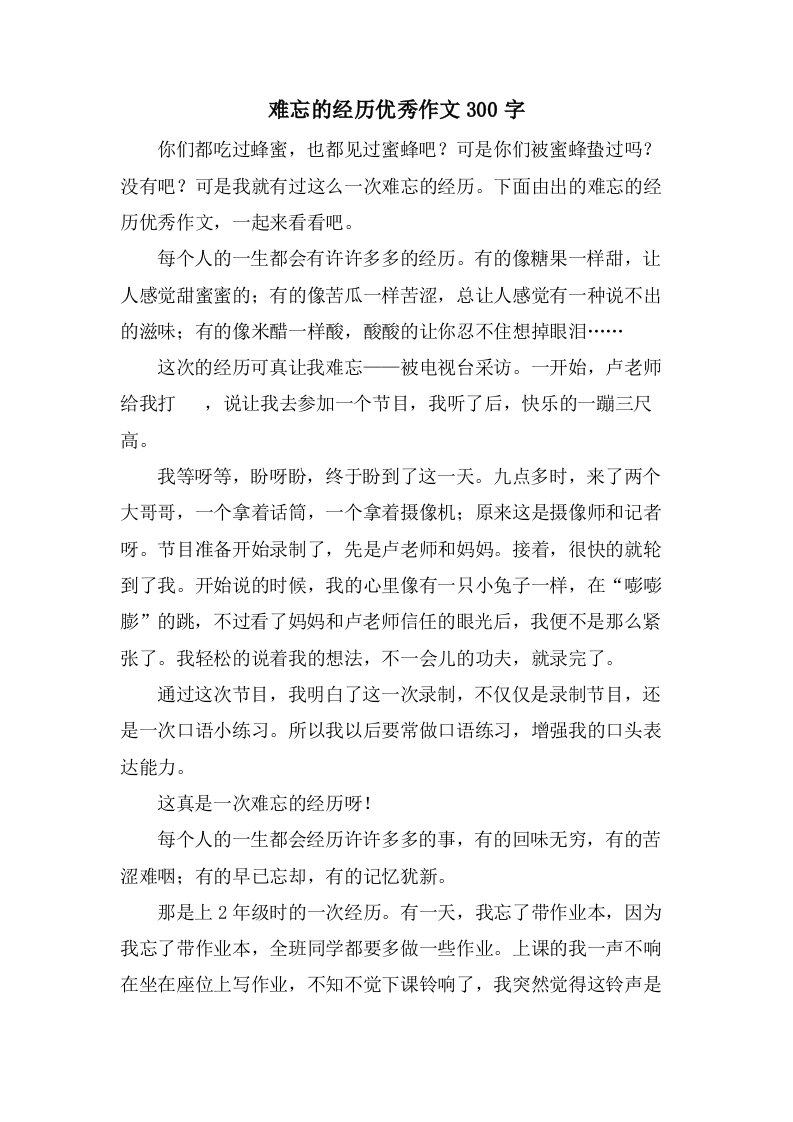 难忘的经历作文300字