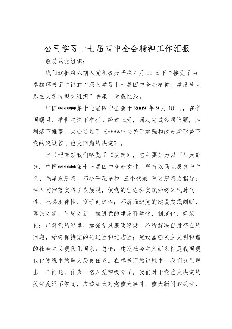 2022公司学习十七届四中全会精神工作汇报