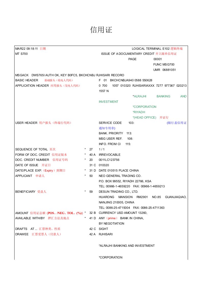 信用证(样本翻译)样本