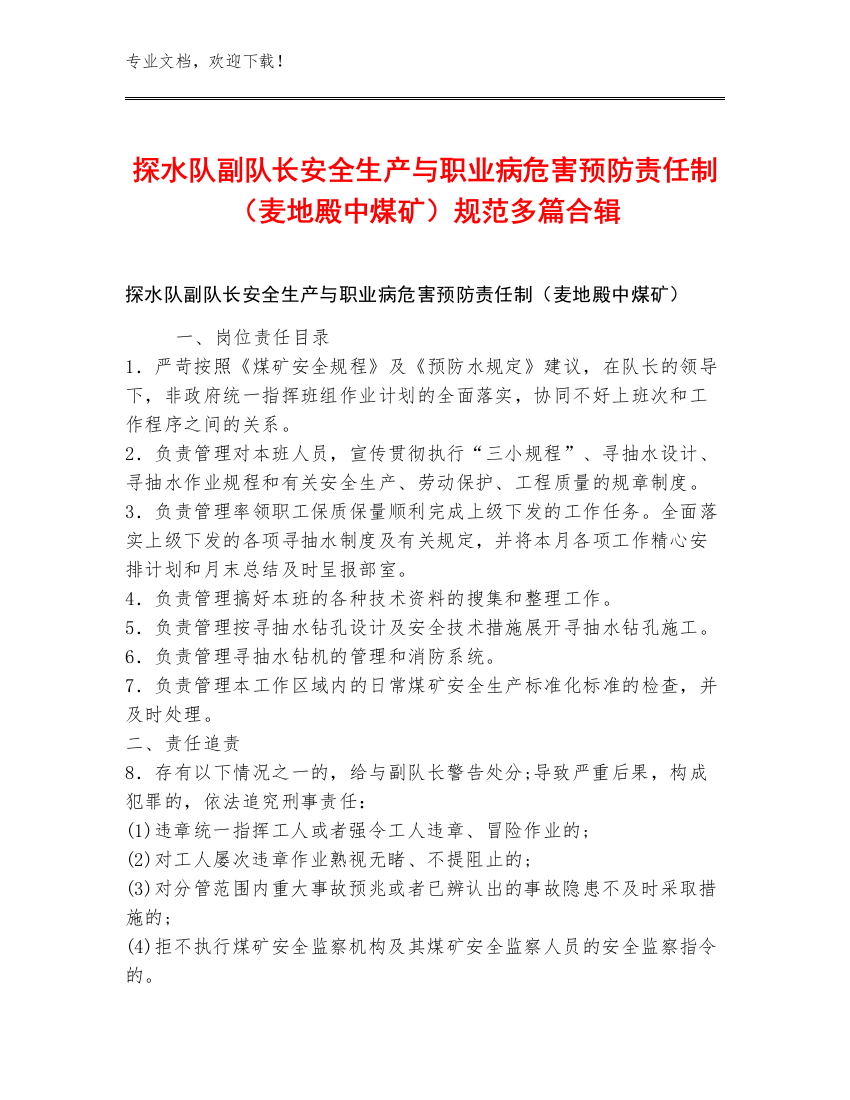 探水队副队长安全生产与职业病危害预防责任制（麦地殿中煤矿）规范多篇合辑