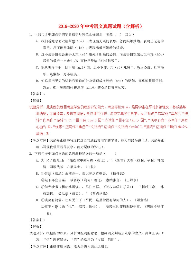 2019-2020年中考语文真题试题（含解析）