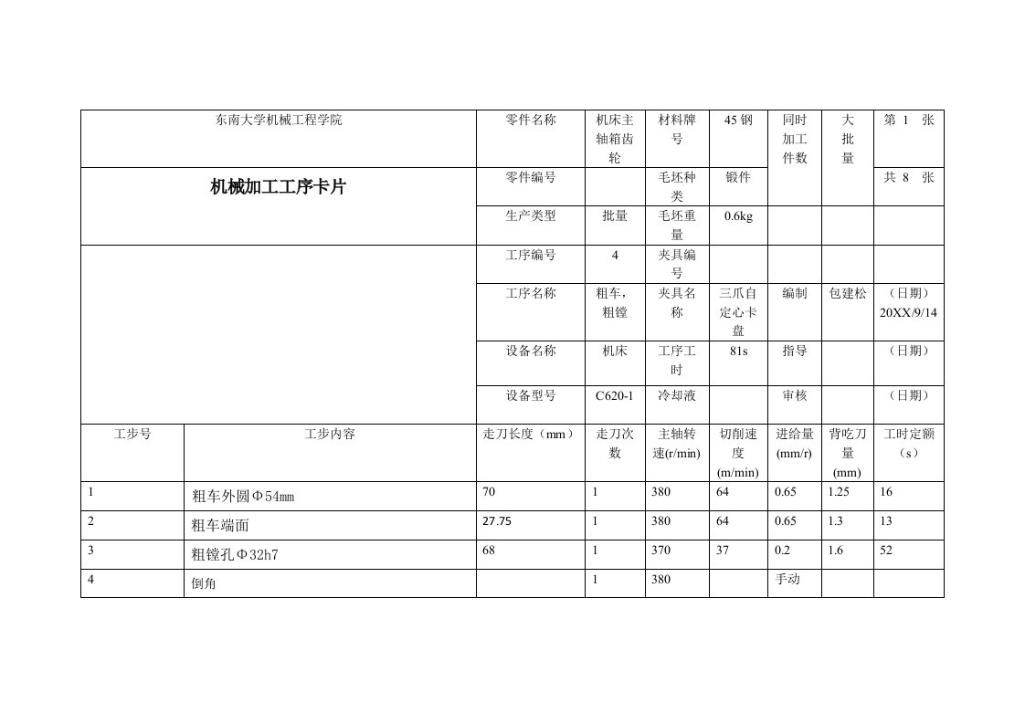 机械行业-机械加工工序卡片车床齿轮