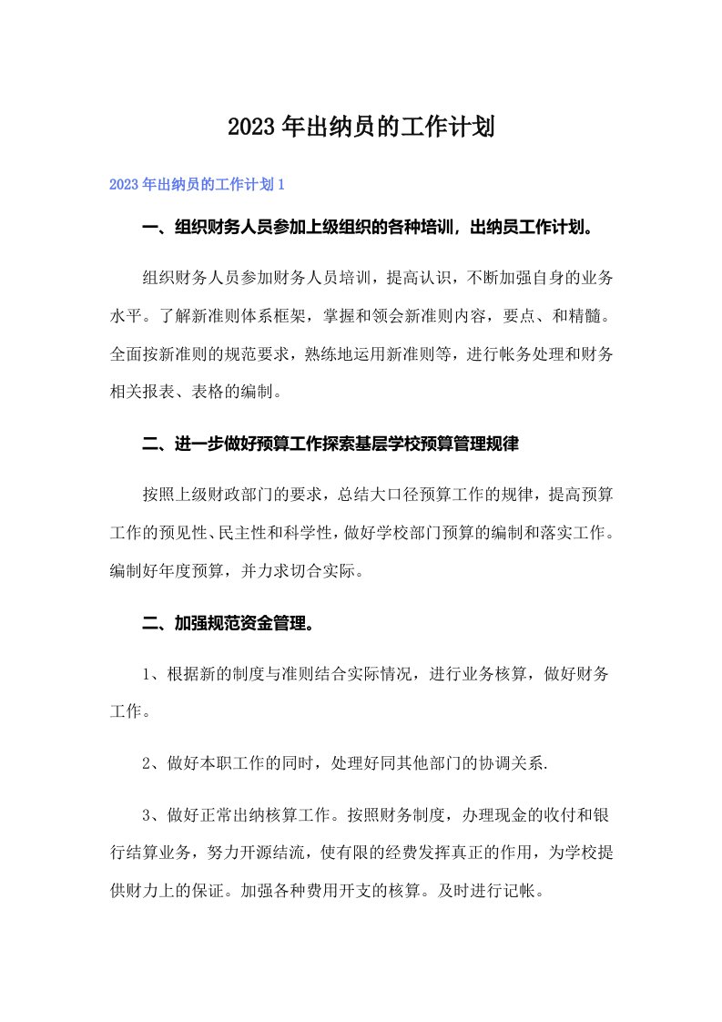 2023年出纳员的工作计划