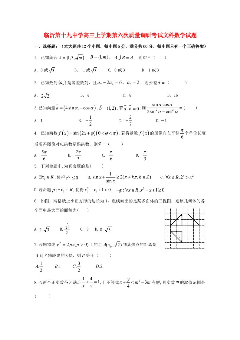 山东省临沂市第十九中学2020届高三数学上学期第六次质量调研考试试题文通用