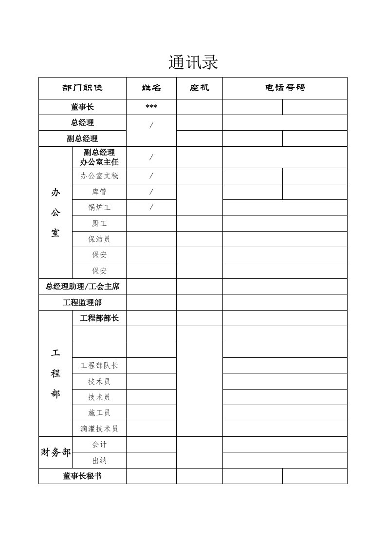 公司部门职位通讯录模板