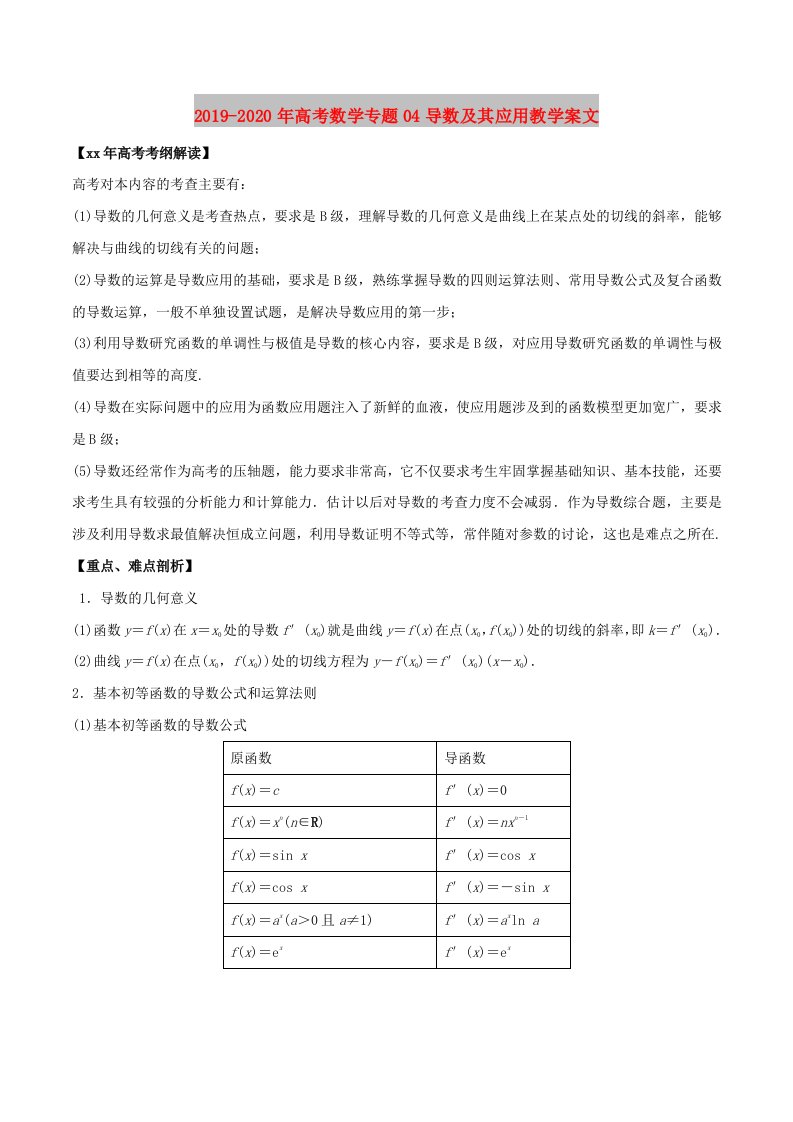 2019-2020年高考数学专题04导数及其应用教学案文