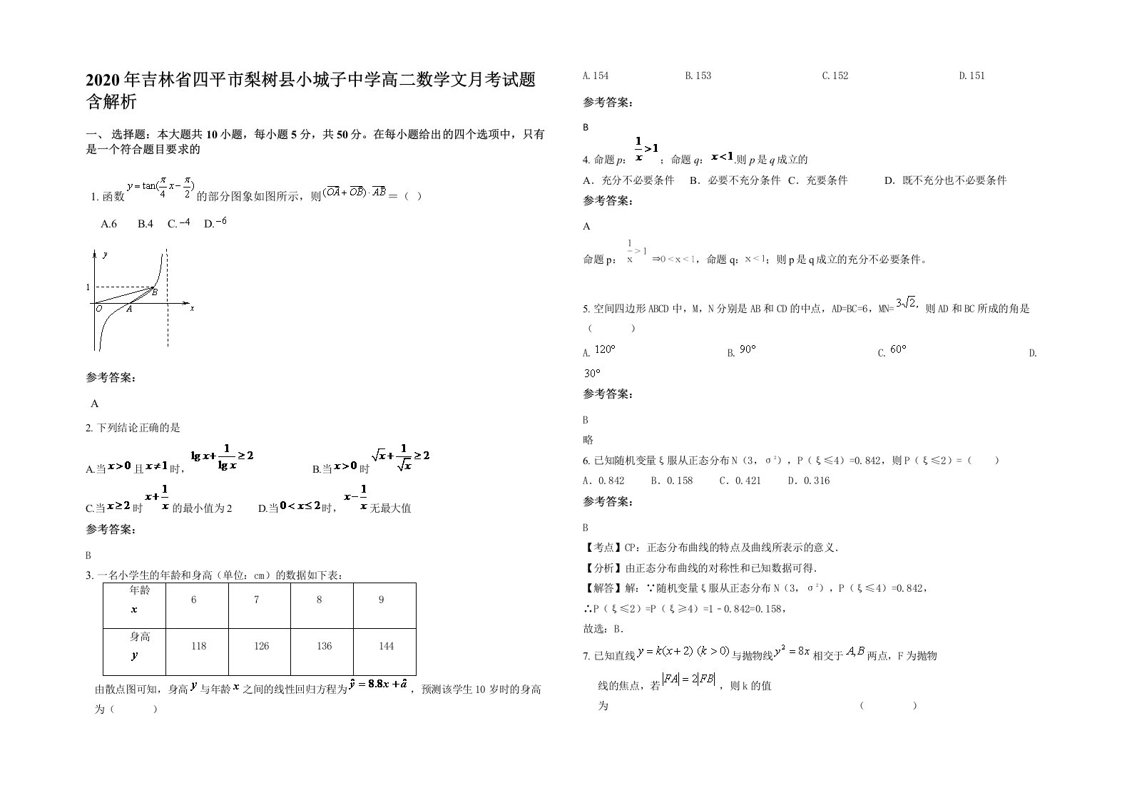 2020年吉林省四平市梨树县小城子中学高二数学文月考试题含解析