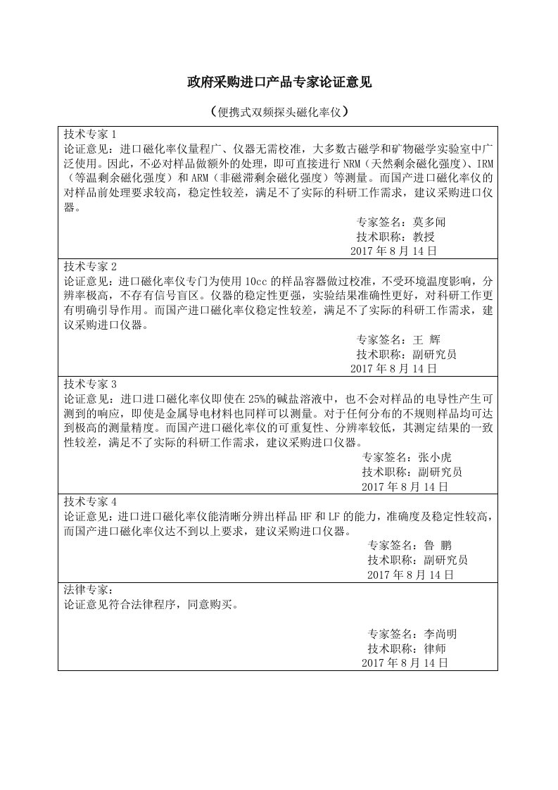 政府采购进口产品专家论证意见