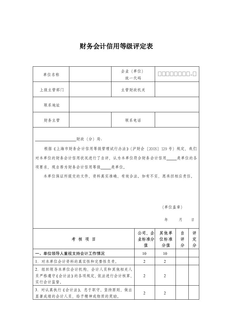 财务会计信用等级评定表