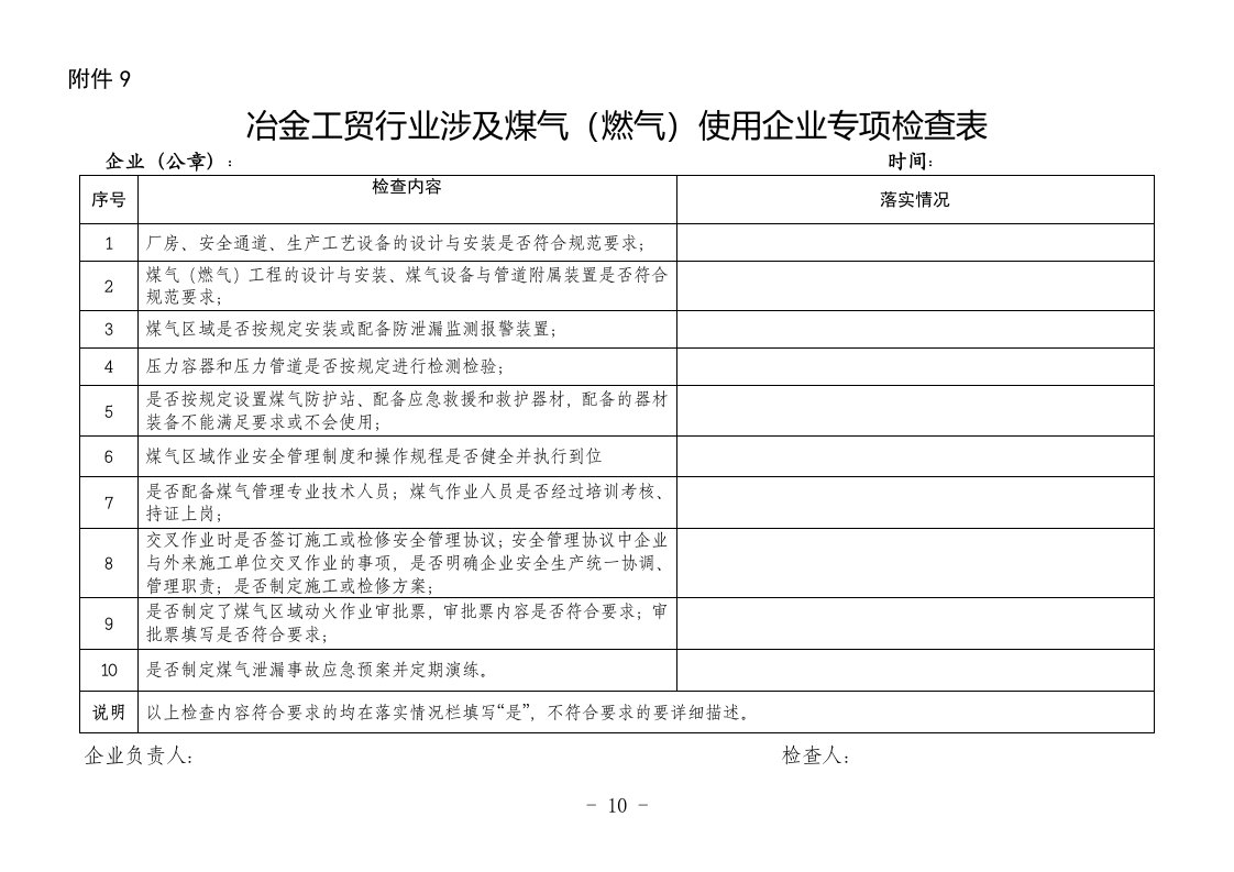 冶金工贸行业涉及煤气燃气使用企业专项检查表