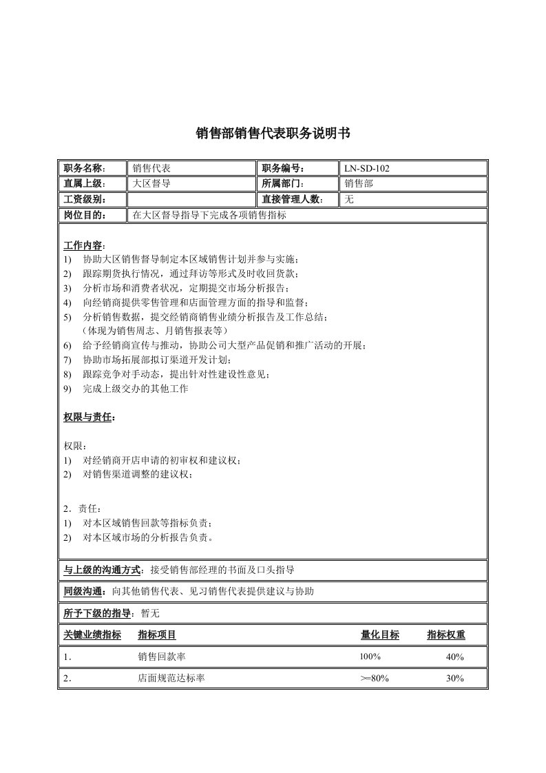 表格模板-体育用品行业销售部销售代表岗位说明书