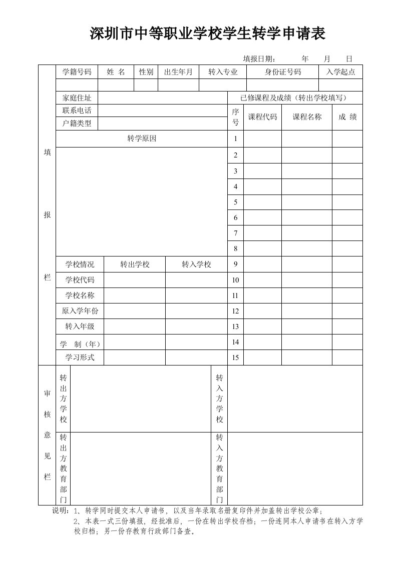 深圳市中等职业学校学生转学申请表