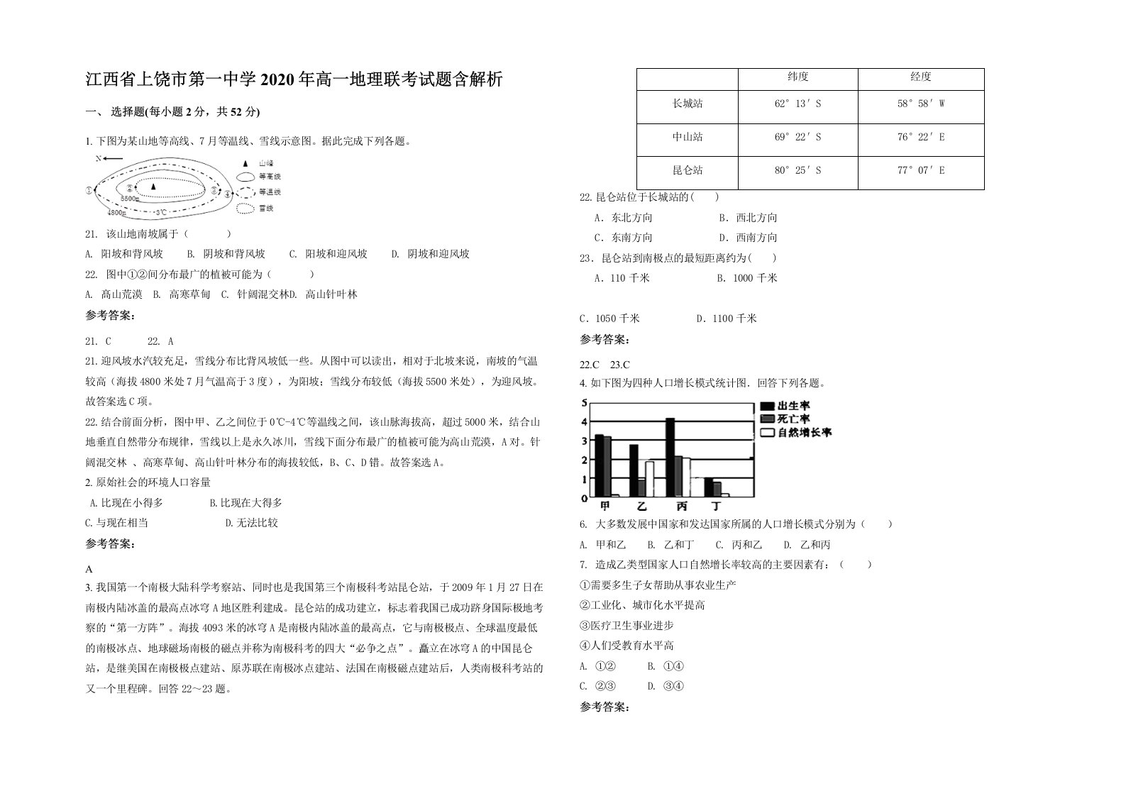 江西省上饶市第一中学2020年高一地理联考试题含解析