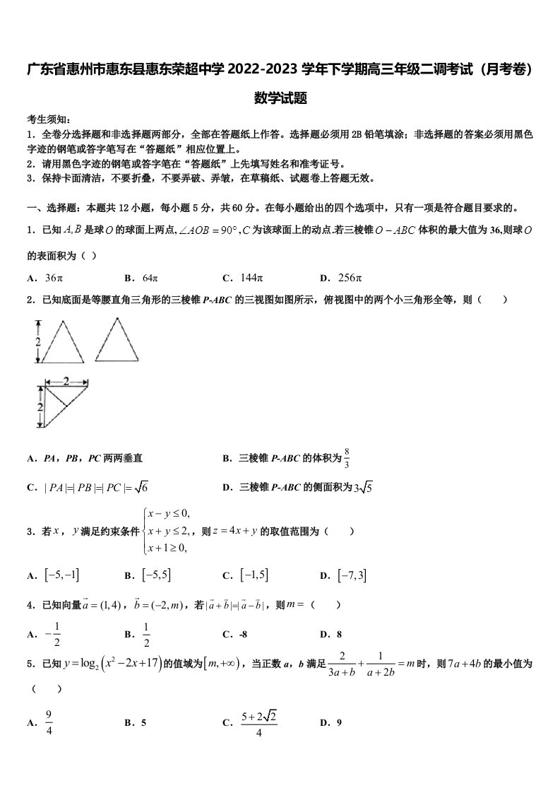 广东省惠州市惠东县惠东荣超中学2022-2023学年下学期高三年级二调考试（月考卷）数学试题