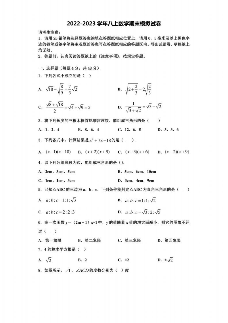 2023届山东省济宁市坟上县数学八年级上册期末监测试题含解析