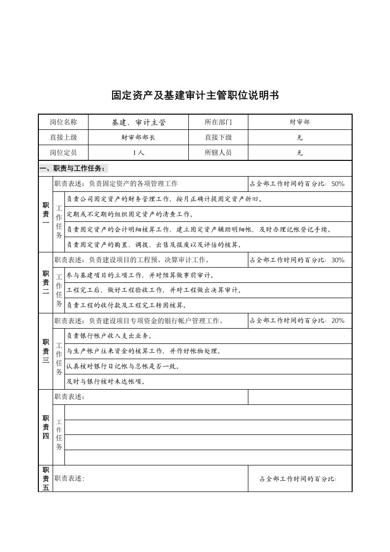 固定资产及基建审计主管职位说明书