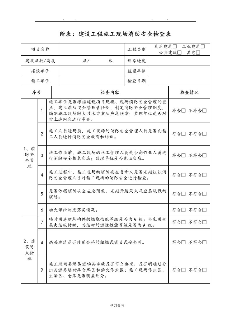 建设工程建筑施工现场消防安全检查表