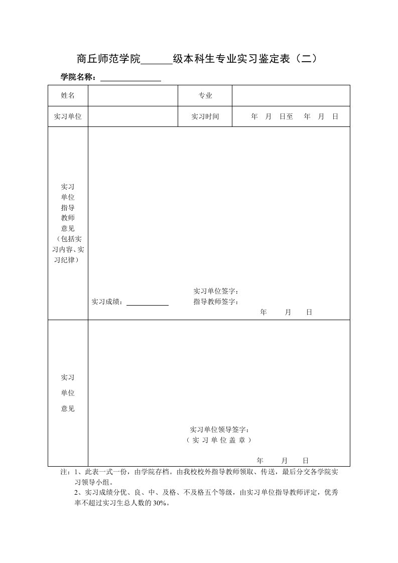 商丘师范学院级本科生专业实习鉴定表