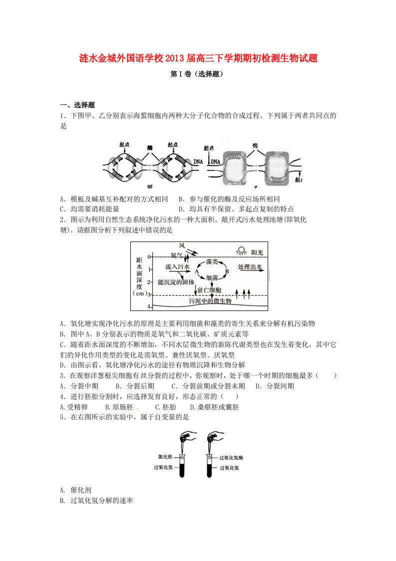 江苏省涟水县2013届高三生物下学期期初检测试题新人教版