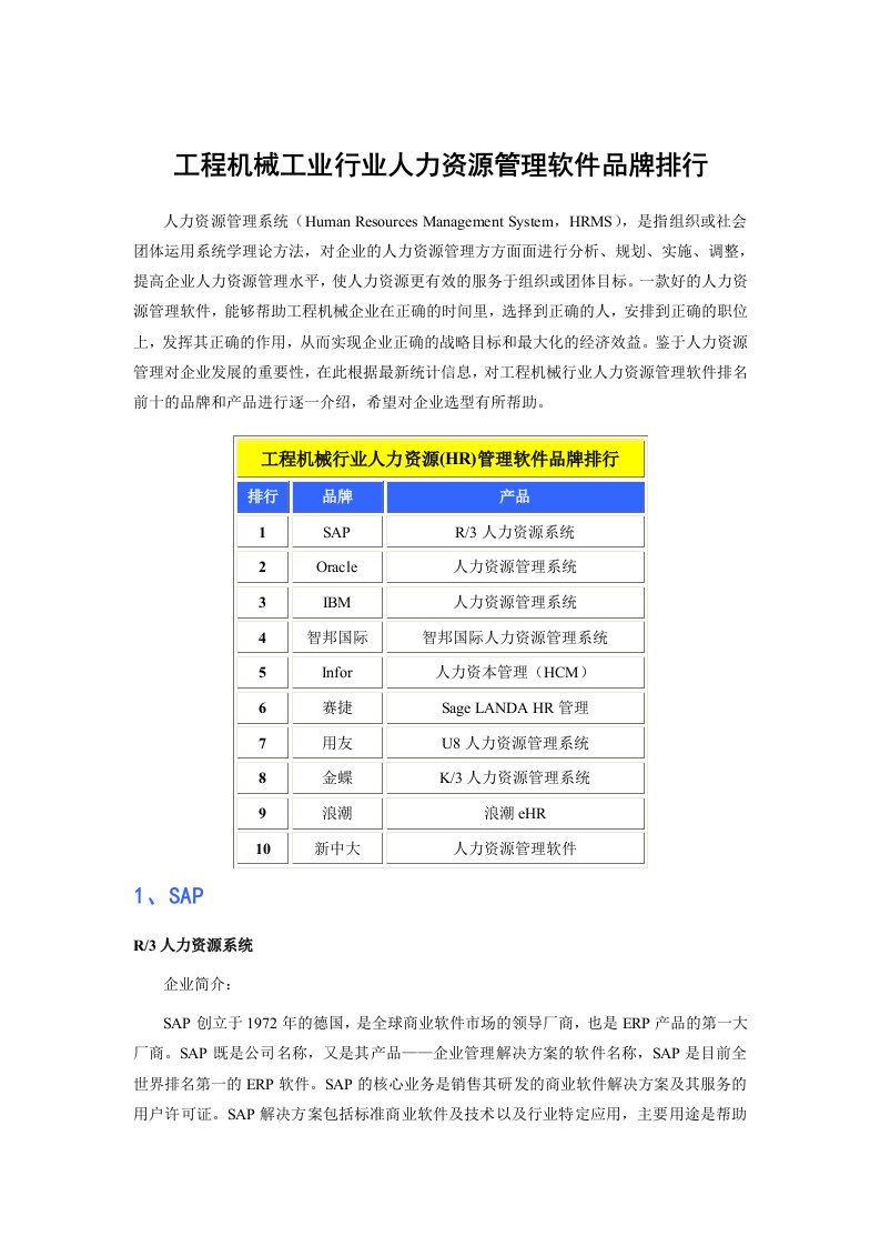 工程机械工业行业人力资源管理软件品牌排行