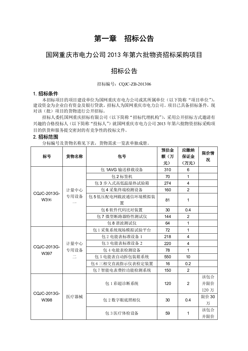 某电力公司物资招标采购项目招标公告