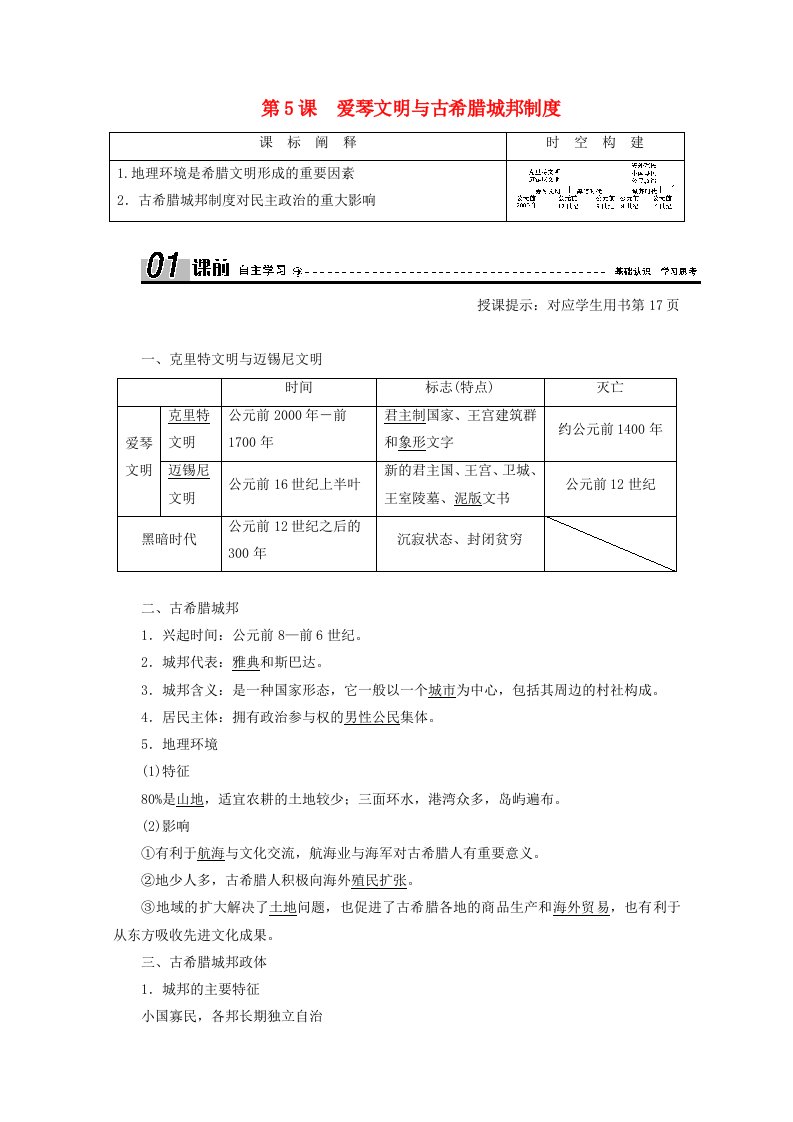 2020_2021学年高中历史第二单元古希腊和古罗马的政治制度第5课爱琴文明与古希腊城邦制度学案含解析岳麓版必修1