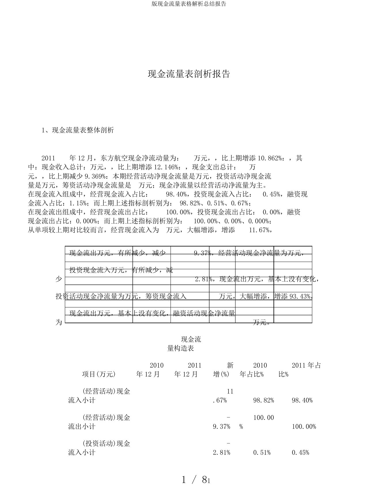 版现金流量表格解析总结报告