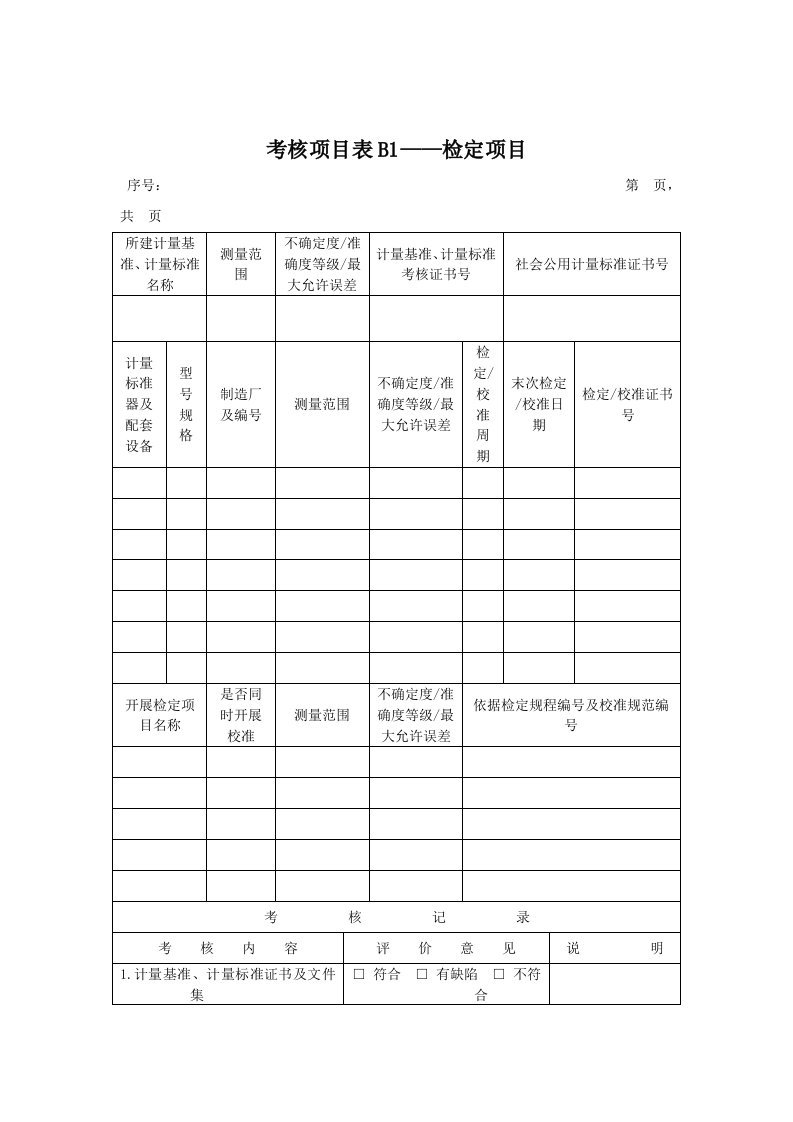 考核项目表b1检定项目