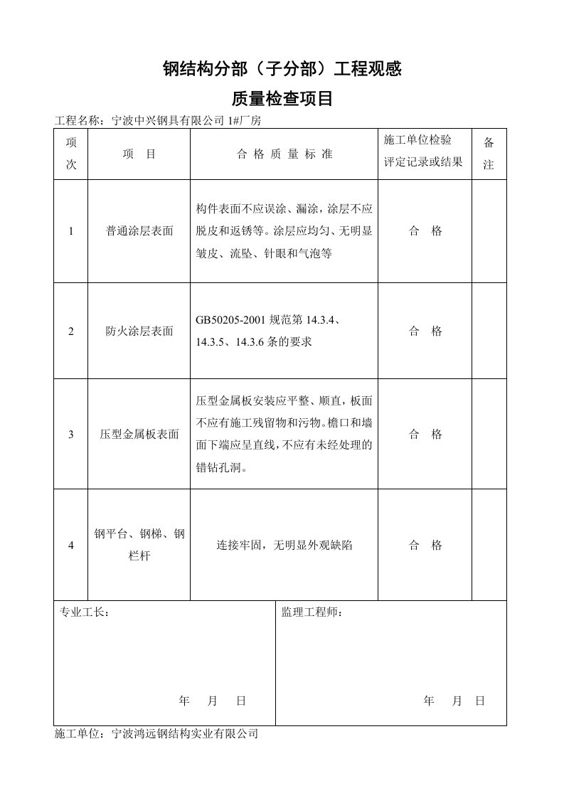 钢结构观感质量验收记录