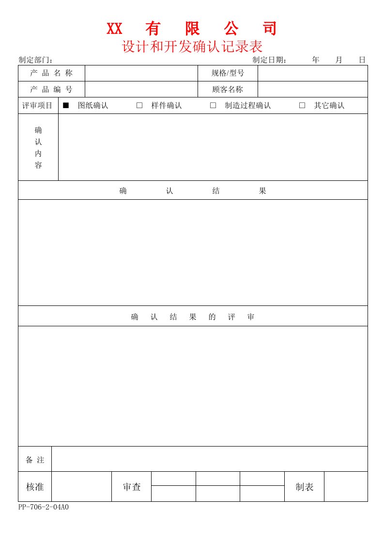 APQP设计和开发确认记录表