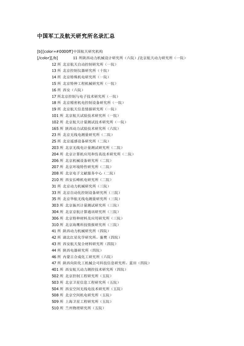 中国军工及航天研究所名录汇总8.12(大而全)