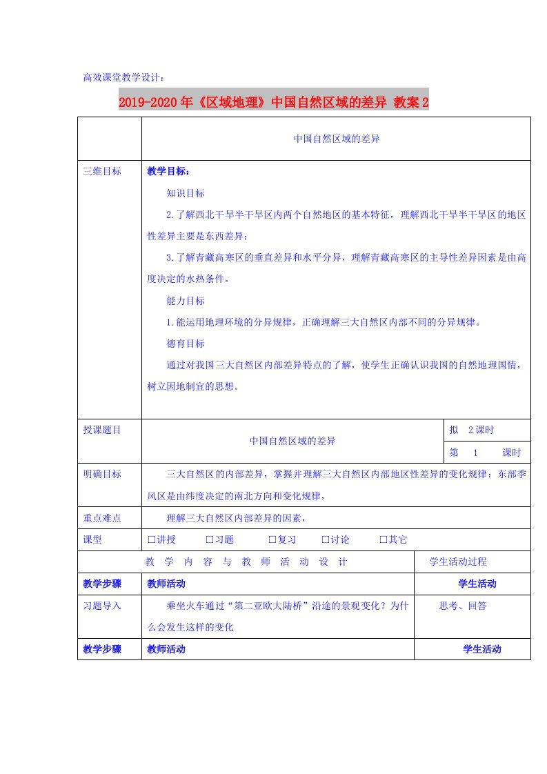 2019-2020年《区域地理》中国自然区域的差异