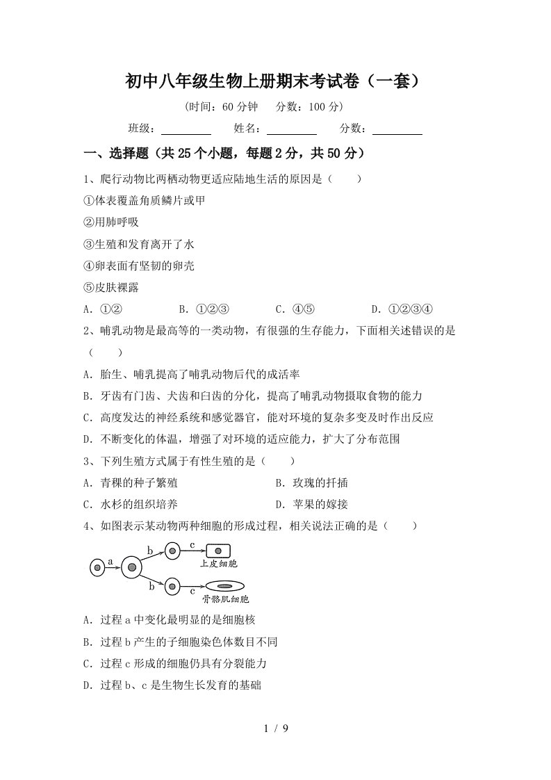 初中八年级生物上册期末考试卷(一套)