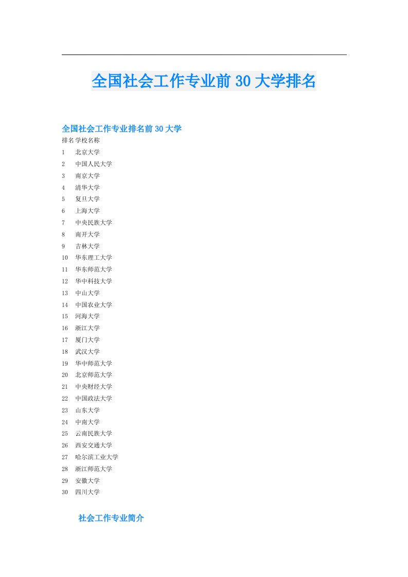 全国社会工作专业前30大学排名