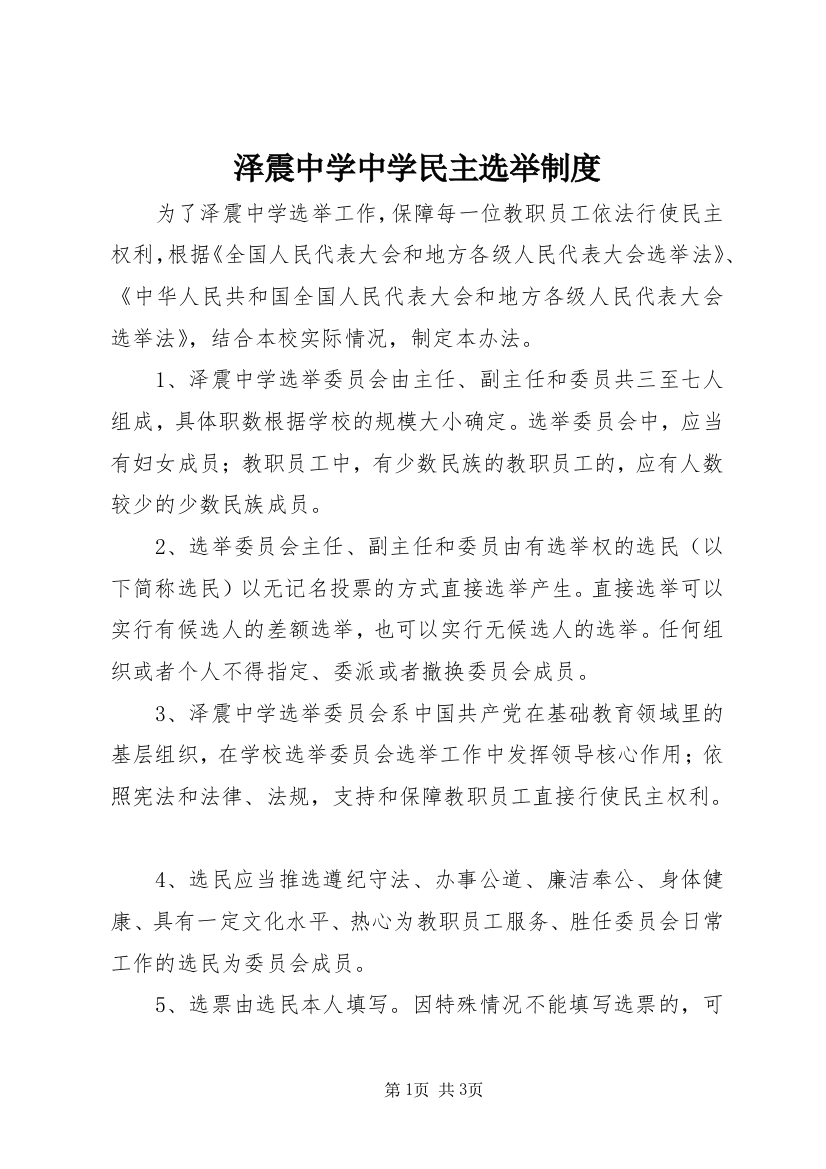 泽震中学中学民主选举制度