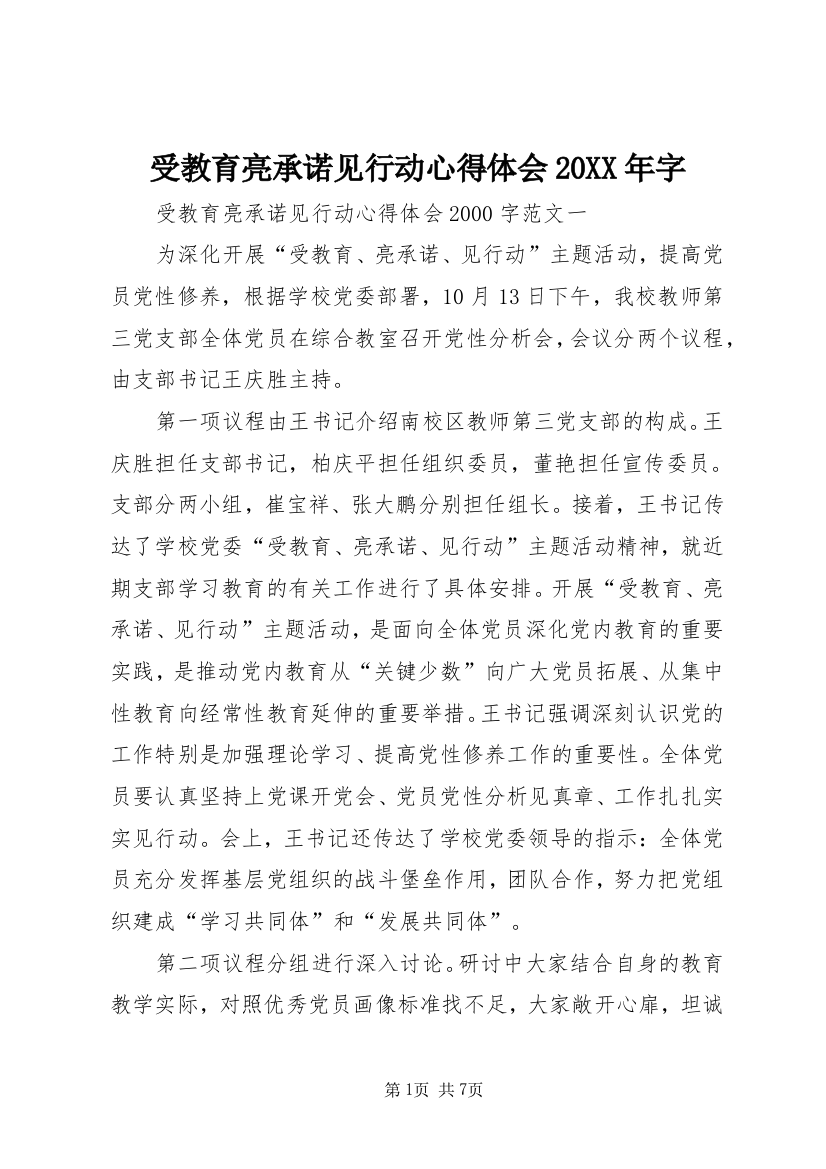 受教育亮承诺见行动心得体会20XX年字