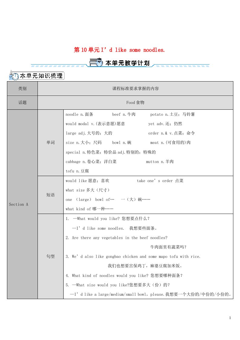 七年级英语下册Unit10I'dlikesomenoodlesSectionA第1课时1a_2d教案新版人教新目标版