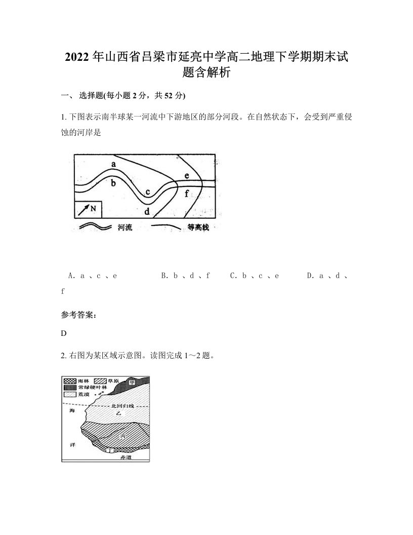 2022年山西省吕梁市延亮中学高二地理下学期期末试题含解析