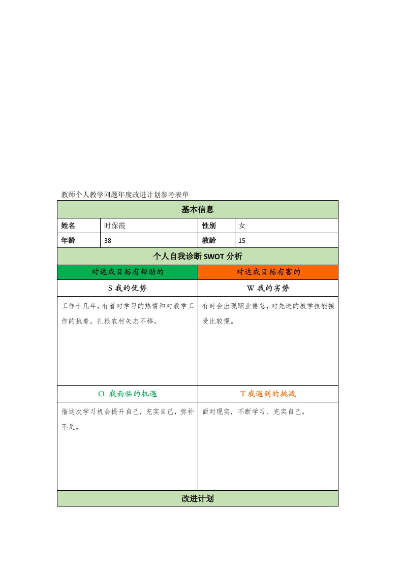 个人教学问题改进表单