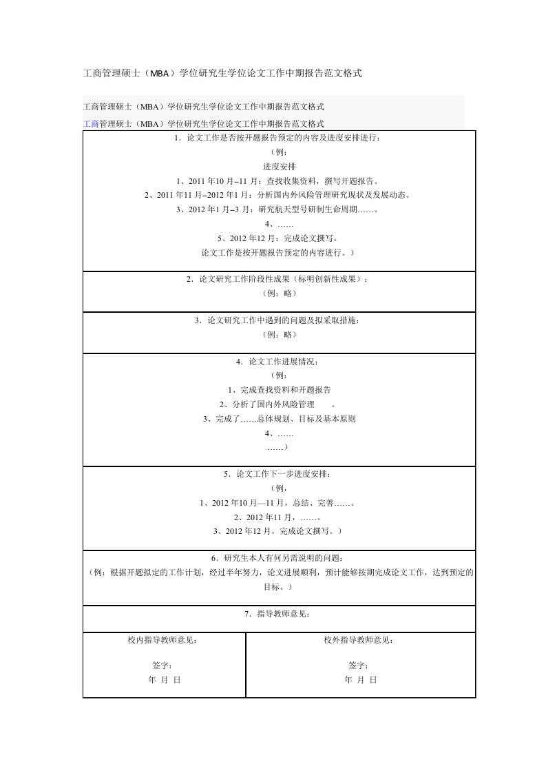 工商管理硕士(MBA)学位研究生学位论文工作中期报告范文格式