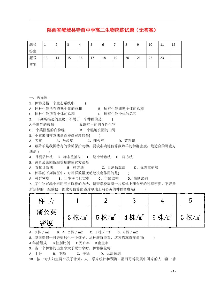 陕西省澄城县寺前中学高二生物统练试题（无答案）