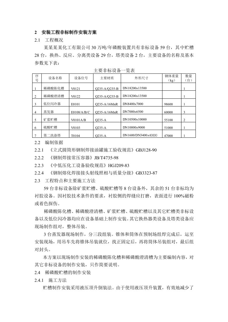 云南富瑞安装施工方案(磷酸装置)