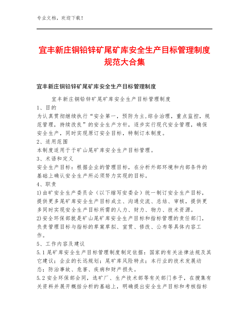 宜丰新庄铜铅锌矿尾矿库安全生产目标管理制度规范大合集