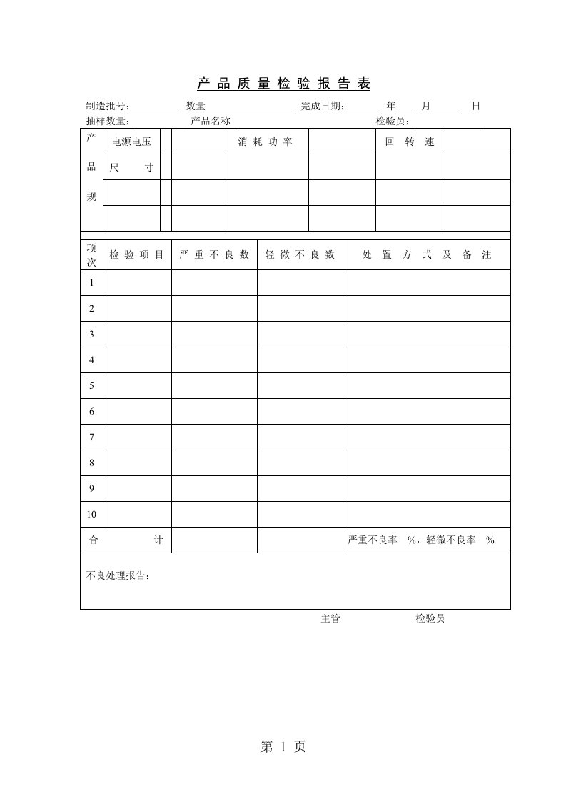 产品质量检验报告表（表格模板、doc格式）