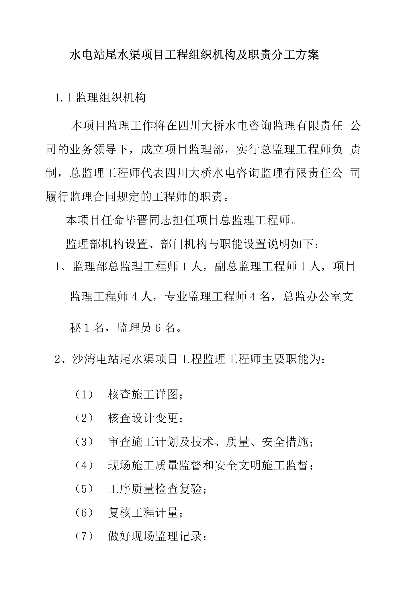 水电站尾水渠项目工程组织机构及职责分工方案